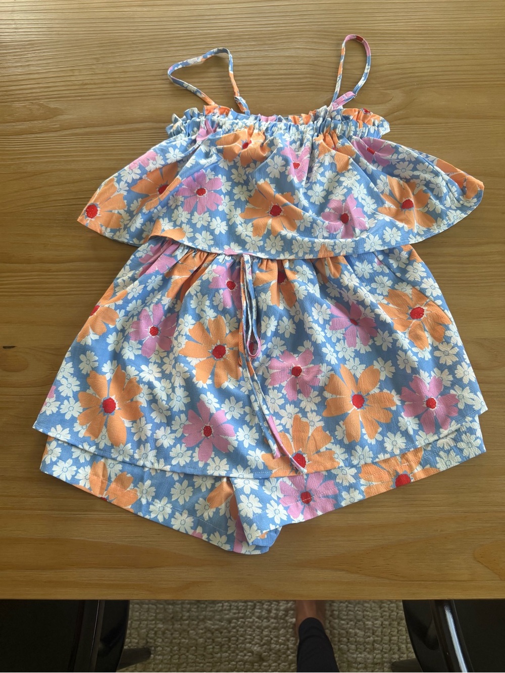 Womans Floral Ruffle Tank and Shorts Set - Blue, Orange & Pink